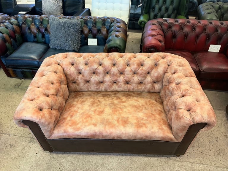 Chesterfield brown leather unique two seater sofa with footstool