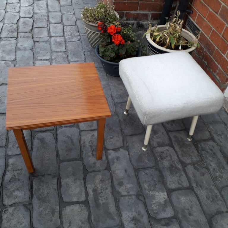 4 ITEMS OF FURNITURE DESK/STOOL/SIDE TABLE/TILE TOPPED CABINET. COULD DELIVER.