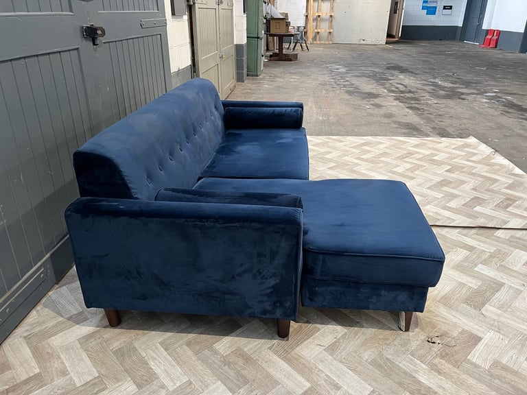 Blue velvet L shape sofa, FREE DELIVERY 