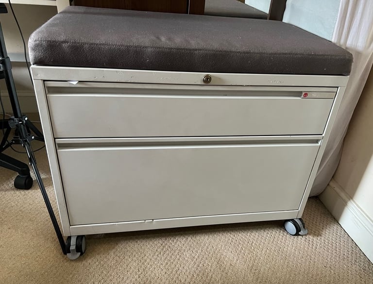 HERMAN MILLER office filing cabinet cupboard with 2 drawers white on wheel with cushion stool chair