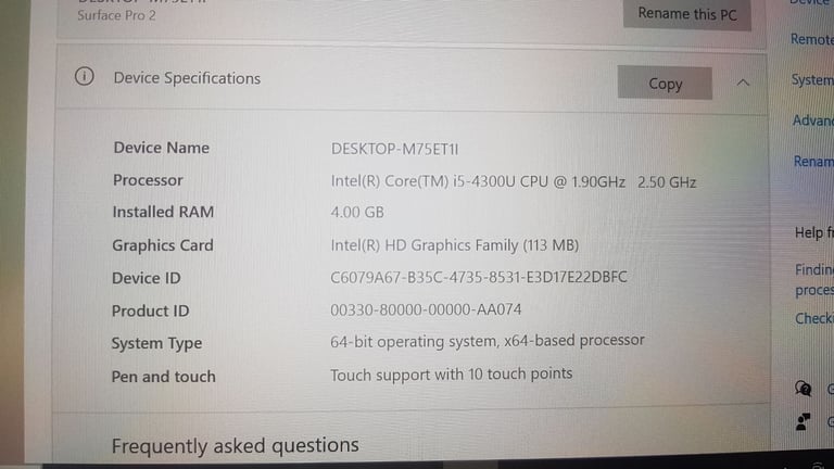 tablet Microsoft Surface Pro 2 touchscreen windows 10 processor intel core i5 4300u 25
