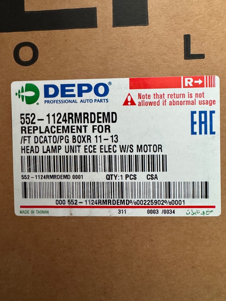 DEPO Right Headlight Lamp for Fiat Ducato / Peugeot Boxer / Citroen Relay 2011–2013 (New)