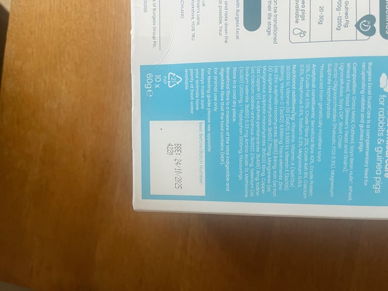 Burgess dual care recovery food for rabbits or Guinea pigs. 