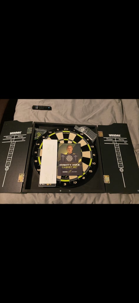 (Brand New) WINMAU Michael Van Gerwen MVG Dartboard With Cabinet, Darts and Accessories