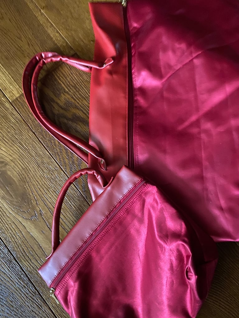 Unused Red Satin and Vinyl Bag Set
