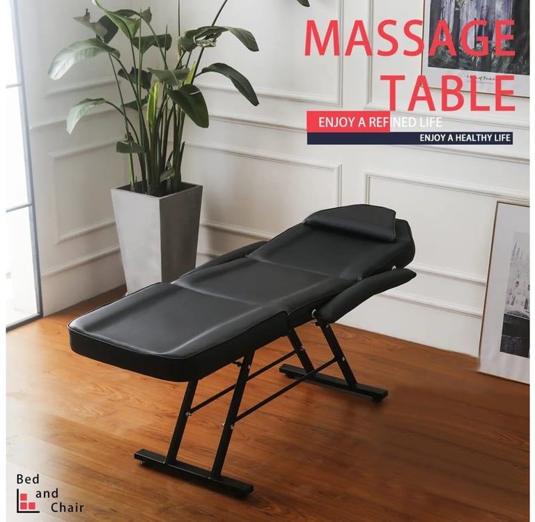 image for Massage bed beauty bed fold tattoo adjustable table/black faux leather stool3 available