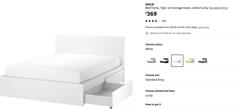 image for IKEA MALM white king bed with memory mattress and 4 x underbed deep wheeled storage drawers