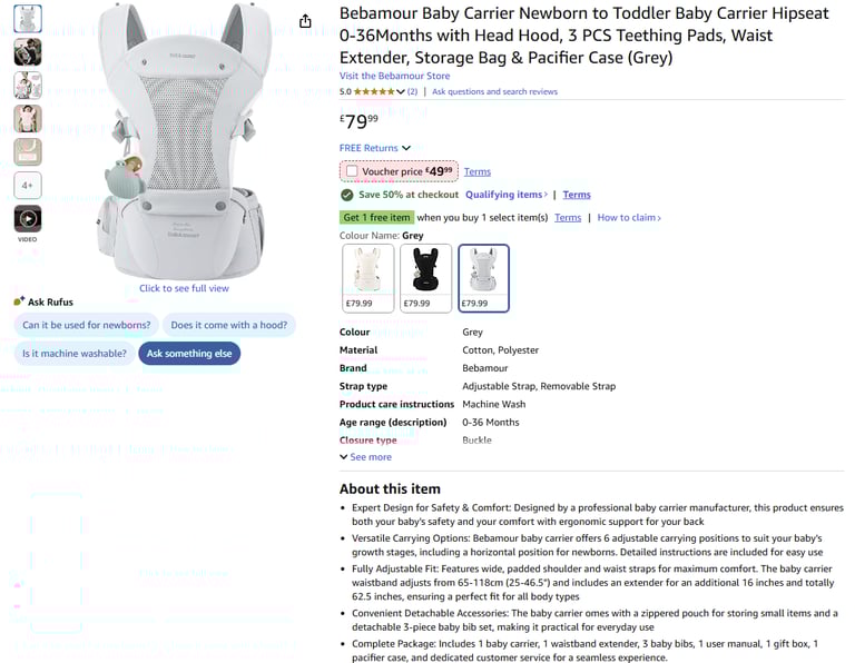 Bebamour Baby Carrier, 3 PCS Teething Pads, Storage Bag & Pacifier Case|| Brand new 60% off price 