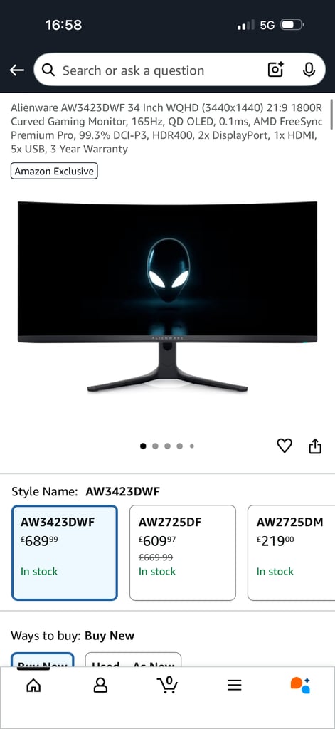 34 inch Alienware QD OLED WQHD 3440x1440 21:9 1800R Curved Gaming Monitor 165Hz  0.1ms AW3423DWF