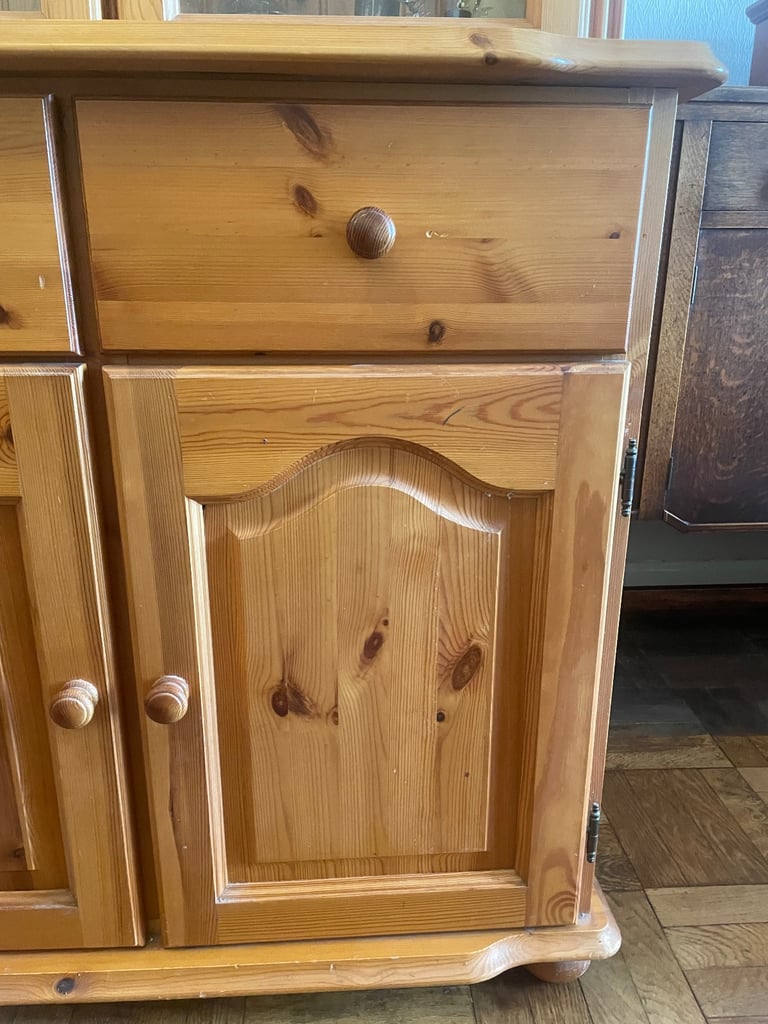 solid pine vintage 2 drawer and door dresser with a glass display unit with lights