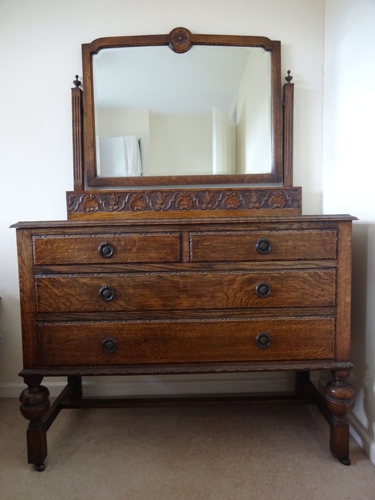 ANTIQUE OAK DRESSING TABLE & CARVED UPSTAND WITH REMOVEABLE MIRROR