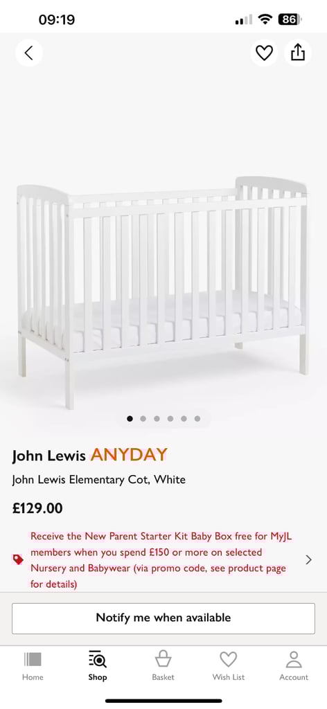 John Lewis Cot Bed and mattress - almost brand new 120 x 60cm