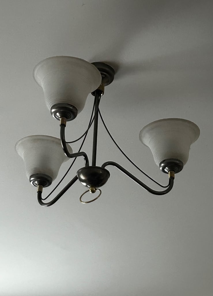 image for Satin Nickel & Brass Trim Glass Shades 3 Arm Ceiling Light 