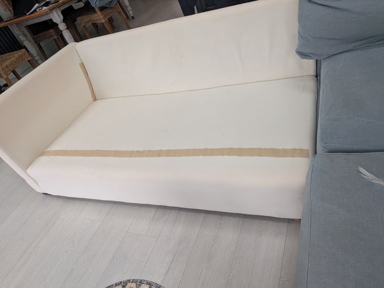 ONO..Stunning superior corner sofa, light blue quality feather filled and foam sofa