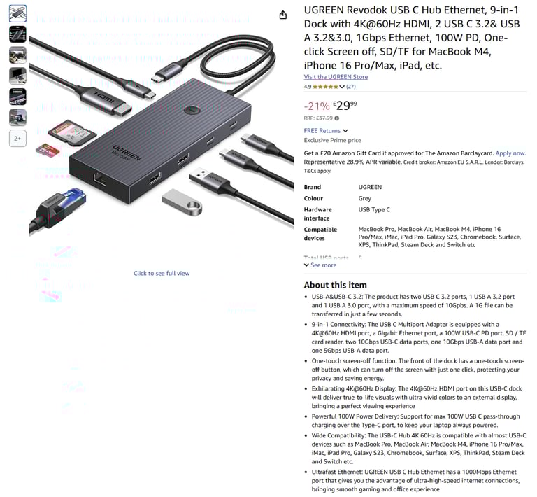 9-in-1 Dock 4K HDMI, 2 USB C 3.2& USB A 3.2&3.0, 1Gbps Ethernet, 100W PD|| Brand new 50% off price 