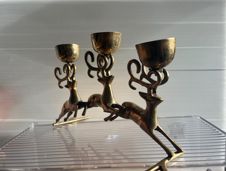 Vintage Brass 3 Reindeer Votive Candle Holder Candelabra, Christmas, Winter