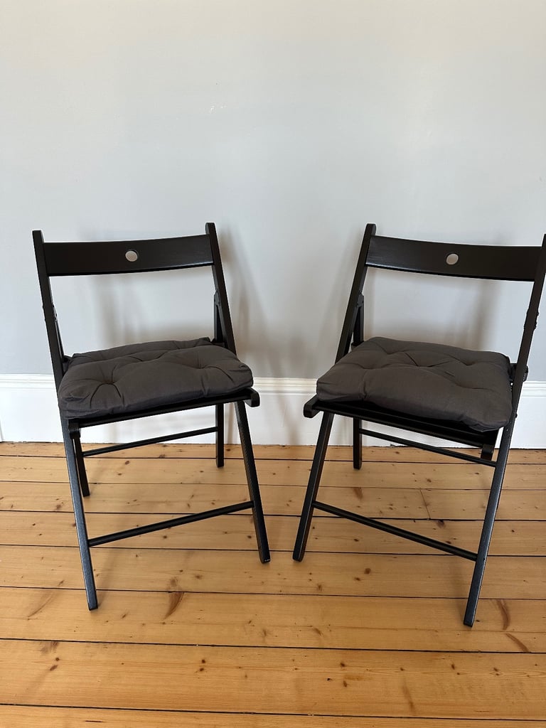 image for 2 IKEA Foldable Black Terje Chairs with Grey Cushions