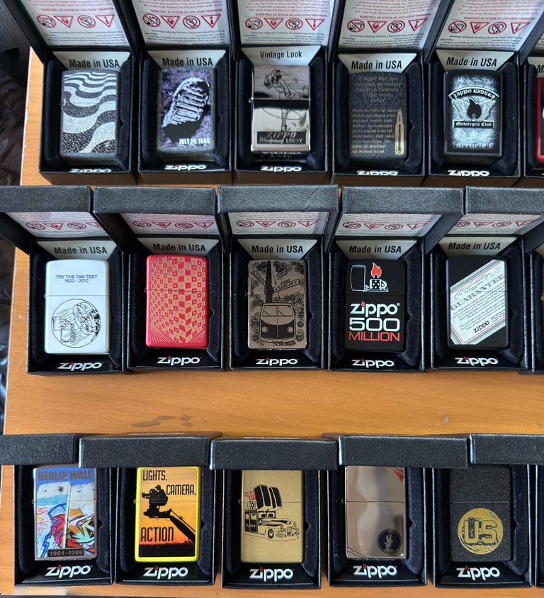 Zippo premium collection 104 lighters, display cases plus extras brand new unused 
