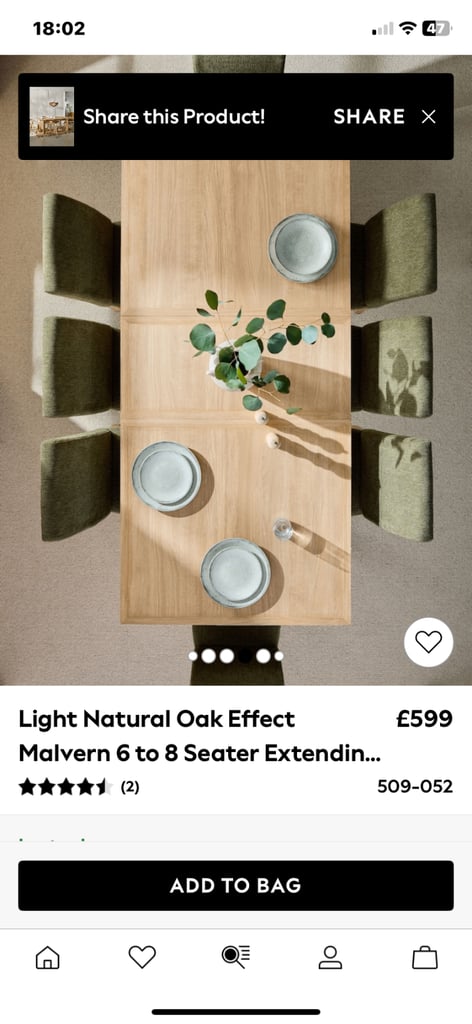 NEXT MALVERN OAK EFFECT 6/8 EXTENDING DINNING TABLE ( 2 MONTHS OLD ) 