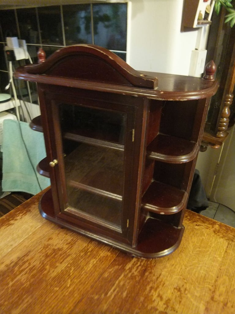 Vintage Wooden Display Cabinet Hanging or Tabletop with Glass Door 52x46cm