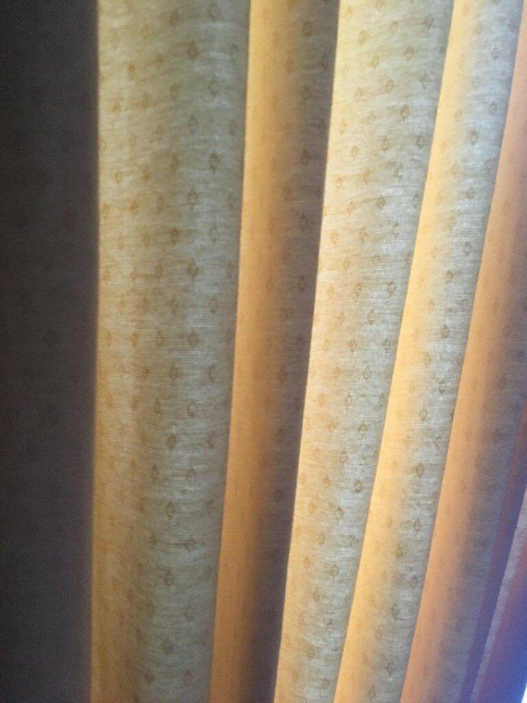 Swags, Tails and Curtains (fully lined). Cream/Gold + brand new swags/tails in contrast colour Inc