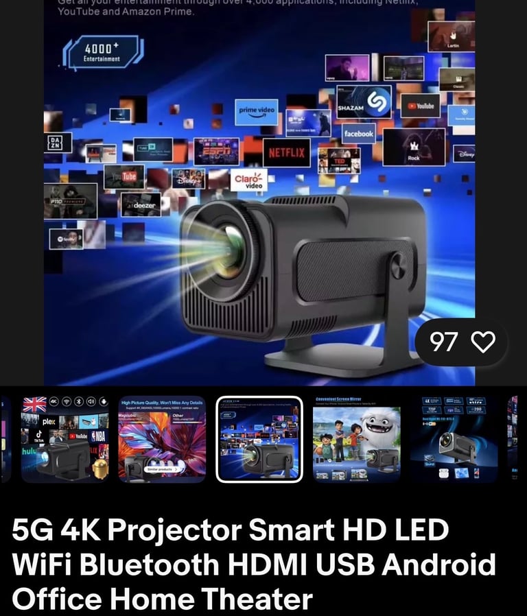 image for HOME 5G 4k HD PROJECTOR AND BRAND NEW 100” SCREEN WITH HOOKS