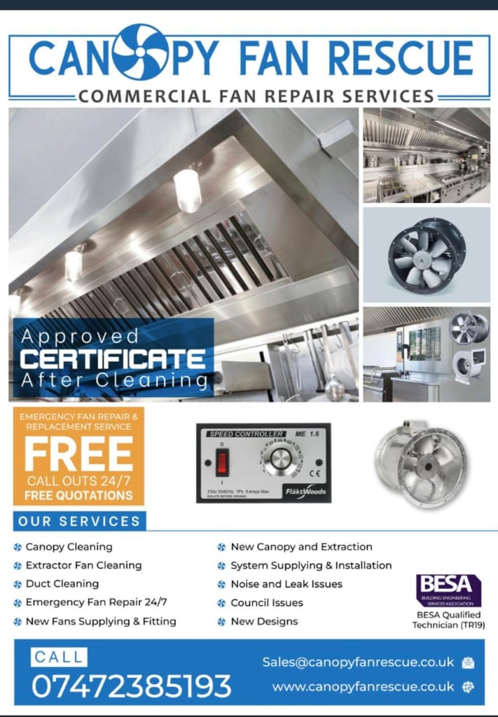 24 hours service Restaurant kitchen extractor fan repair canopy duct ducting cleaning services