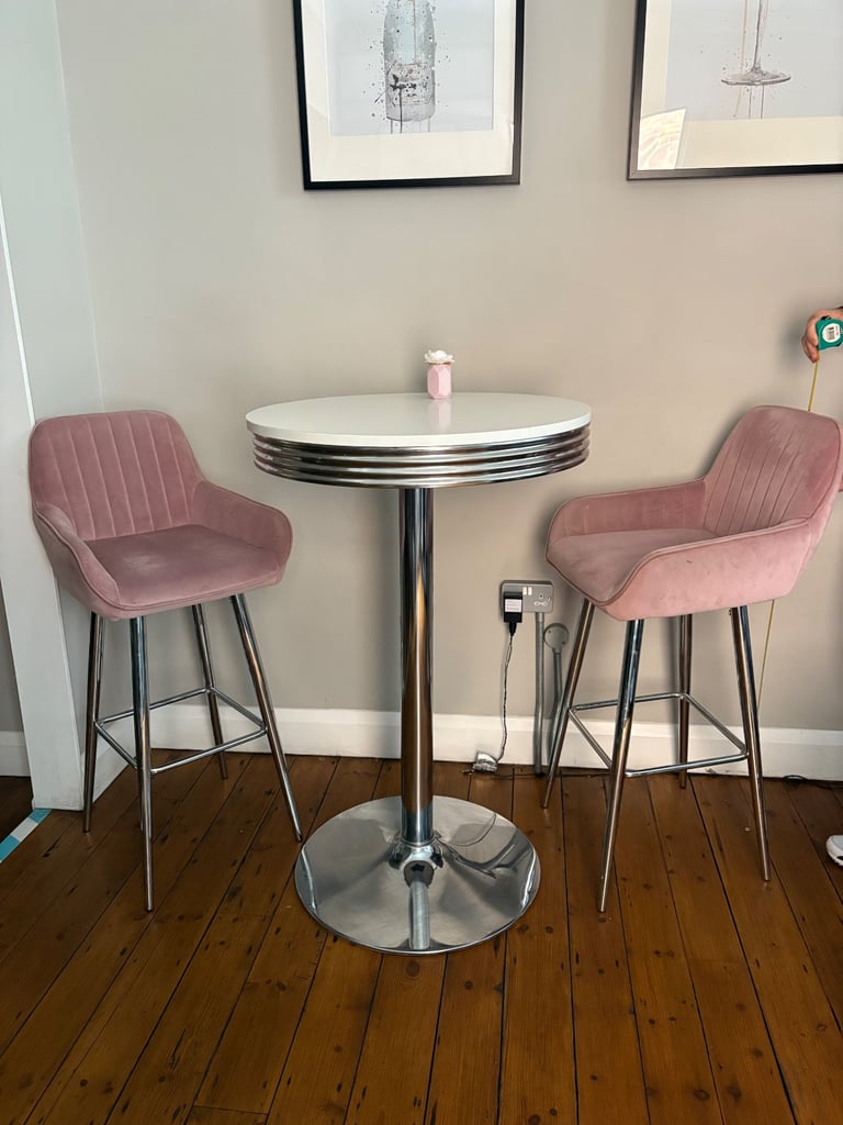 image for Retro Bar High Poser Table White and 2 blush pink chairs 