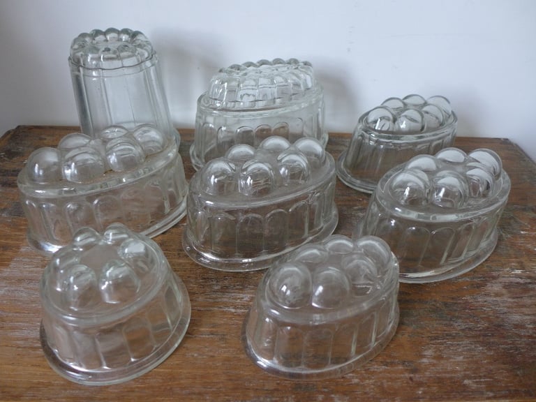 image for Collectable Kitchenalia: 8 Vintage Antique Glass Jelly Moulds. Blancmange Moulds.
