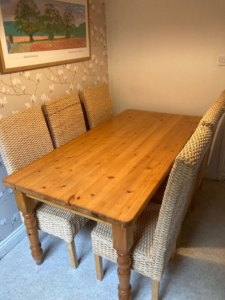 image for 6ft x 3ft pine kitchen table and 6 high backed whicker chairs