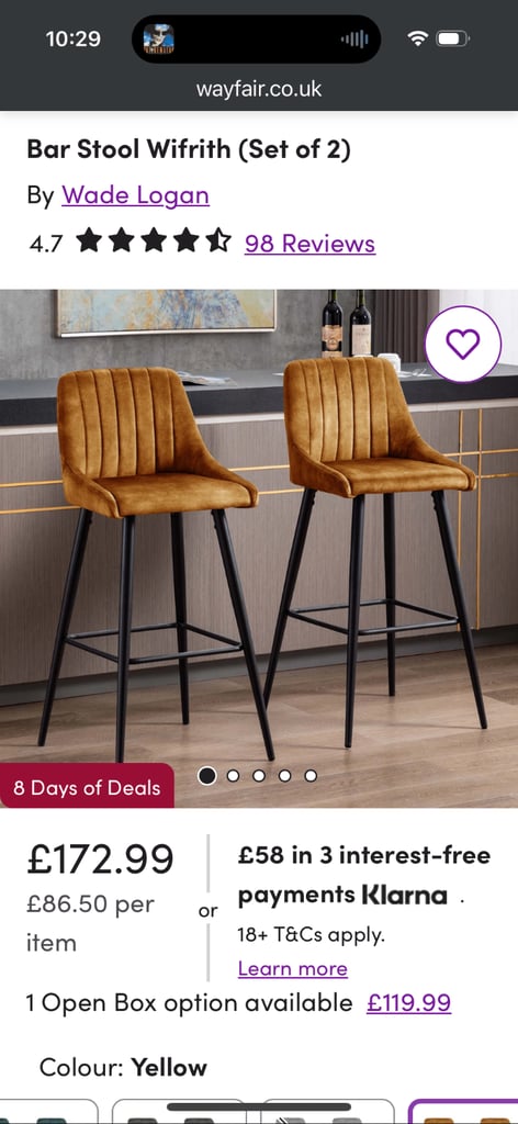 Gorgeous Golden Yellow Velvet Bar Height Stools 