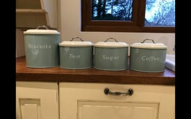 Enamelware Four Storage Canisters - Tea, Sugar, Coffee & Biscuits - Green/Cream Lids