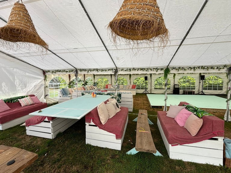 Wedding / Party Setup Including Marquees, Seating, Tables and Decorations.