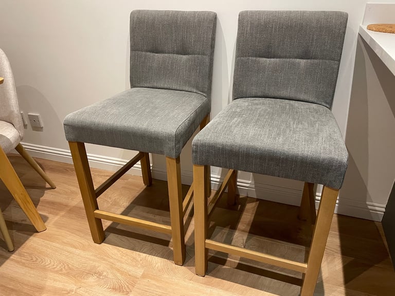 Two wooden & grey bar stools