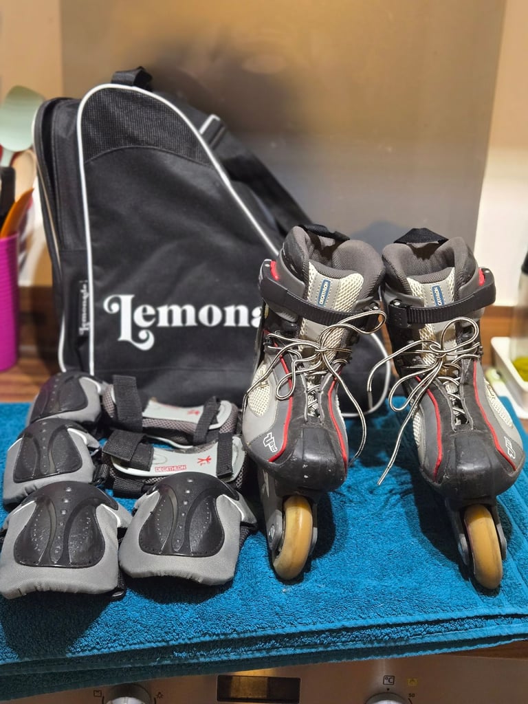 Decathlon UK6 Black Grey Inline Skates with Lemonade Bag and Protection Gear