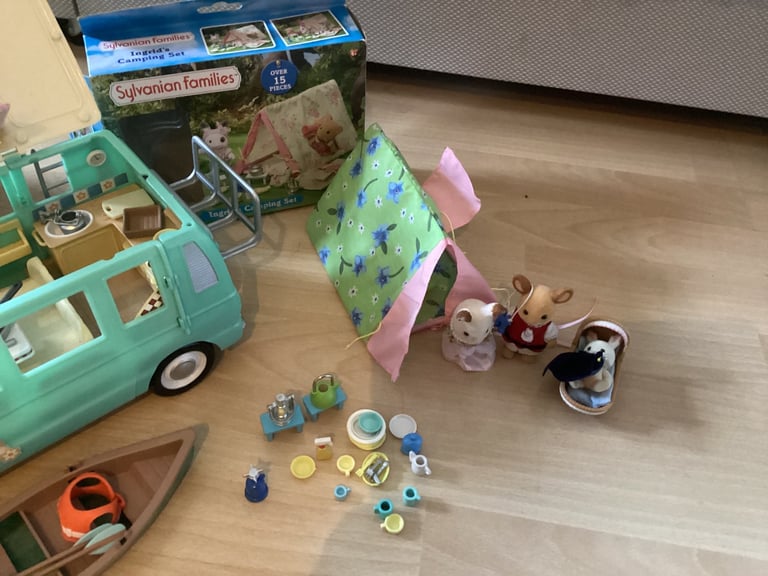 Sylvanian vintage campervan with camping tent and canoe