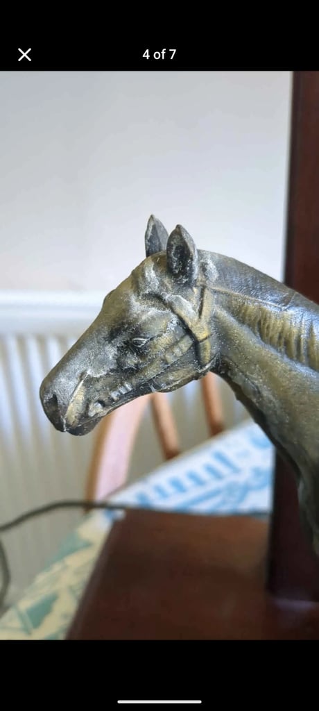 Antique 1920s/30s brass / pewter ? wood horse lamp with shade perfect for pub *open to offers*