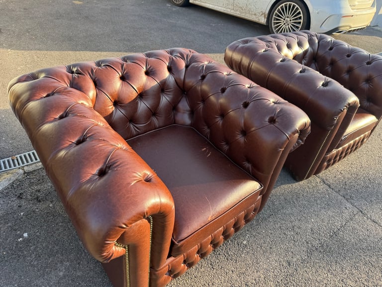 Pair of chesterfield faux brown leather club armchairs 