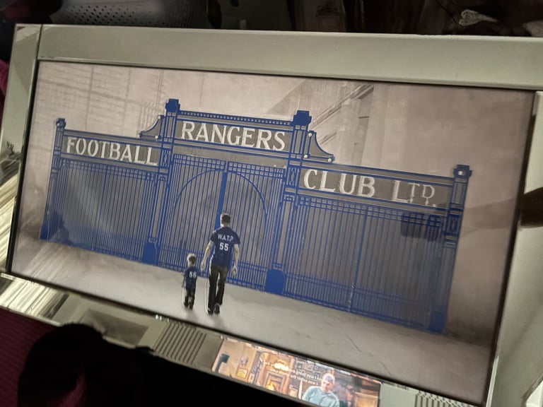 Ibrox Father & son  football  picture with liquid art & mirror frames blue white