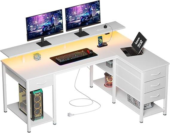 Computer Desk(LED Lights,USB Ports, Power Outlets, Monitor Stand,Reversible Design)