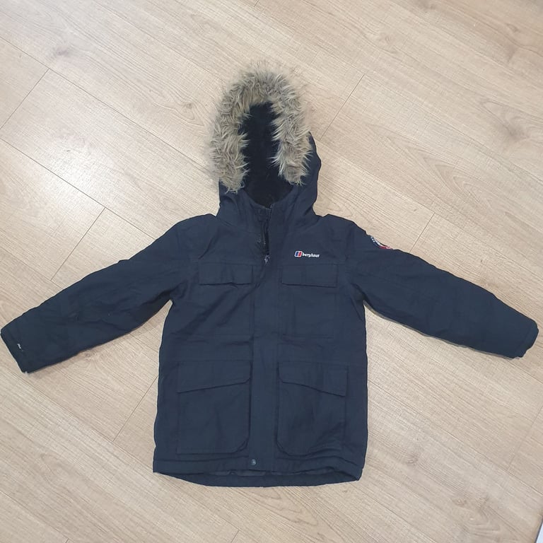 Berghaus Antarctica Expedition Parka Jacket Unisex Size 7-8 Black Hooded Full Zip