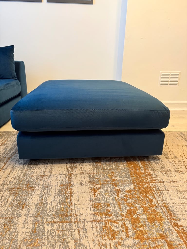 Plush Velvet Dark Blue Pillow Back 3 Seater Sofa, Large Dark Blue Footstool and Orange Accent Chair