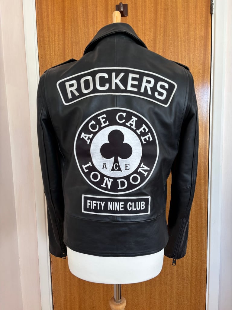 image for Rockers Ace Cafe Leather Motorcycle Jacket. Patches & badges. Medium 40 inch chest.