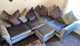 Grey crushed velvet sofa, puffet and armchair
