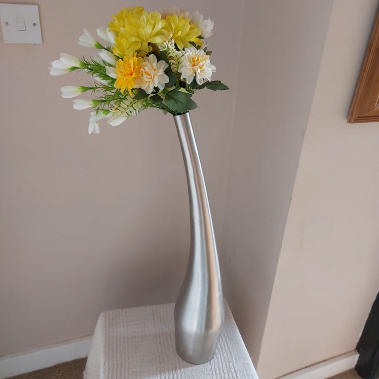 image for Large Unusual Silver Metal Curved Display Vase 