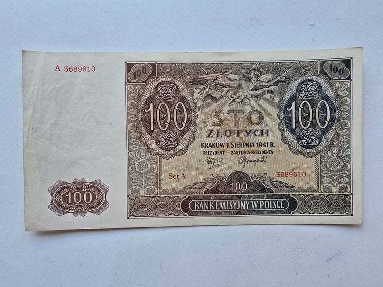 1941 Antique Poland 100 Złotych Banknote WWII Era 