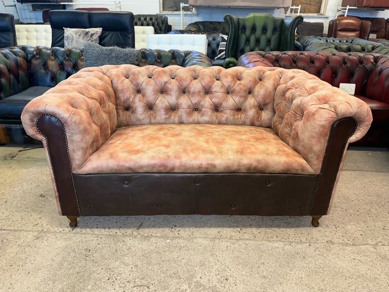 Chesterfield brown leather unique two seater sofa with footstool