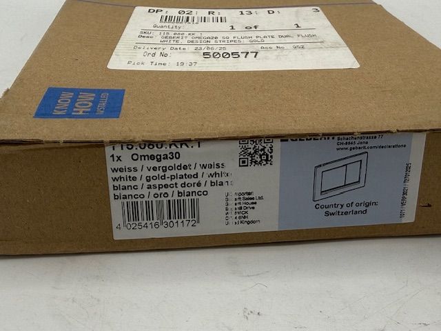 Geberit Omega20 Square WC Dual Flush Plate - White & Gold