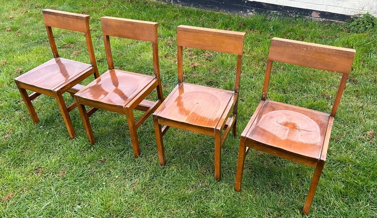Four Vintage Church Chapel  Chairs Wooden Kitchen Dining Antique Wedding Cafe