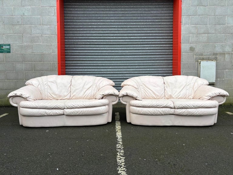 Cream Leather 2 and 2 Seater Sofas 